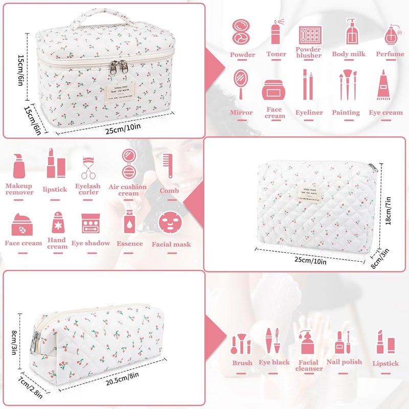 Gosect Large Makeup Bag Set, Quilted Makeup Bag, Floral Cosmetic Bag for Women, Cute Cotton Makeup Bags, Flower Travel Toiletry Organizer Bag (white) - Image 2
